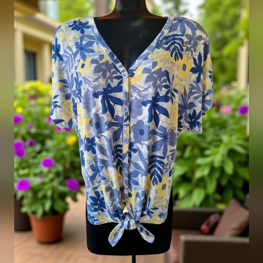 ALkamy Floral Button-Down Front Tie Oversized Vintage Womens Top Size M